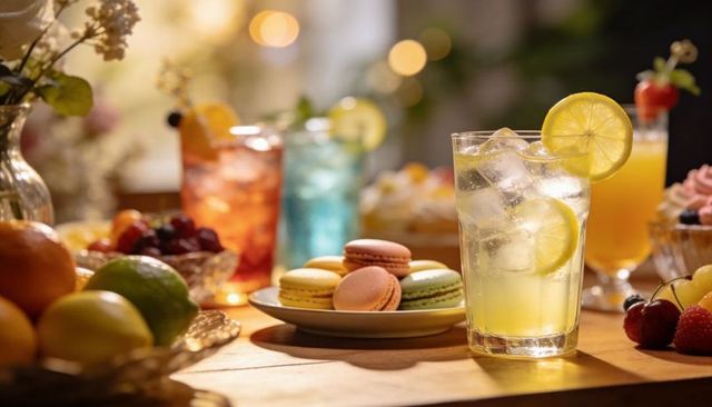 Refreshing lemonade with lemon wheel and ice on wooden table alongside pastel macarons