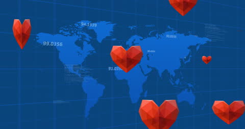 Digital World Map with Floating Geometric Hearts and Data Coordinates
