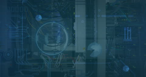 Futuristic Data Processing Overlaid on Server Room