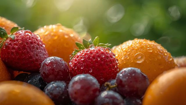 Glowing dewy strawberries, ripe grapes and mandarins catching warm morning sunlight