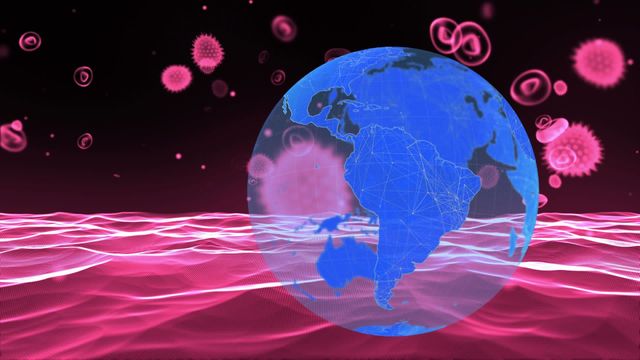 Animated visual showing global impact of COVID-19, suitable for educational materials, health awareness campaigns, news segments, and scientific presentations on the pandemic's reach and effects.