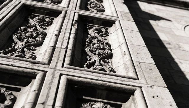 Sunlit ornate stone facade featuring carved foliate reliefs and recessed frame details
