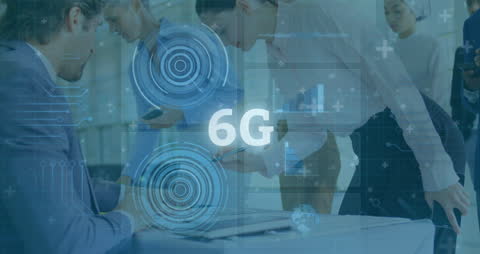 6G Technology Concept at Business Conference with Background Holographics