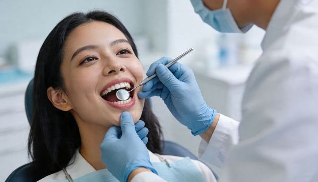 Patient smiling during dental checkup as dentist in gloves and mask examines teeth