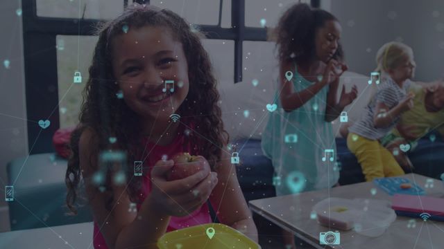 Children playing and snacking in a modern, digitally connected classroom. Geometry icons float around, symbolizing digital connections and interaction. Ideal for illustrating modern education, digital learning environments, technology in education, and classroom dynamics.