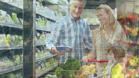 Smiling Family Shopping with Financial Data Overlay