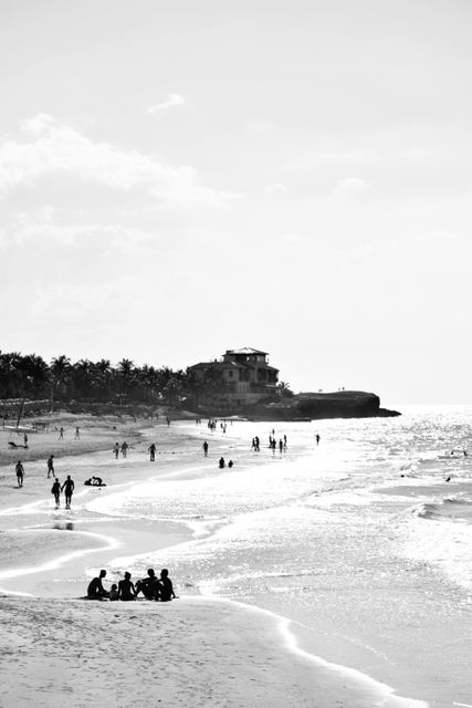 Group of people sitting on sandy beach during sunny day in black and white. Palm trees lining shore, waves gently crashing, people walking and relaxing in background. Ideal for use in travel blogs, vacation advertisements, relaxation therapy promotions.