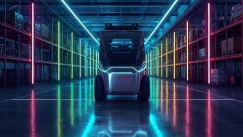 Autonomous Warehouse Robot Navigating Neon-Lit Aisle, Activating Signal, Smart Logistics