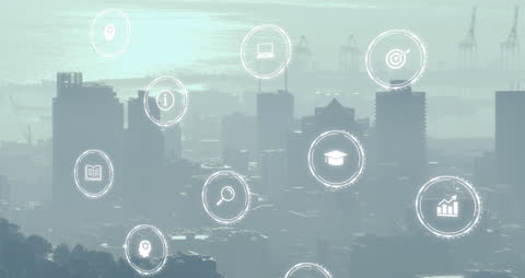 Futuristic Technology Icons Over Urban Skyline