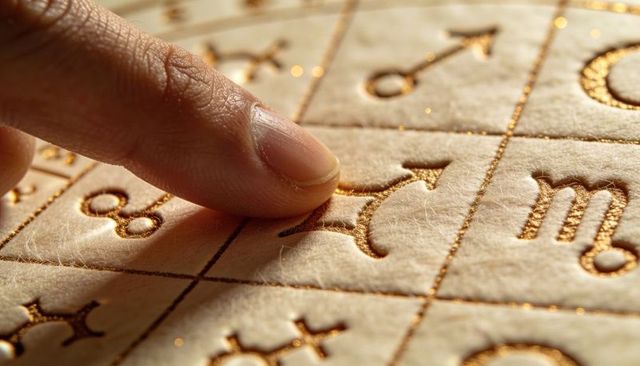 Pressing fingertip tracing embroidered zodiac glyphs on felt panel with gold thread detail