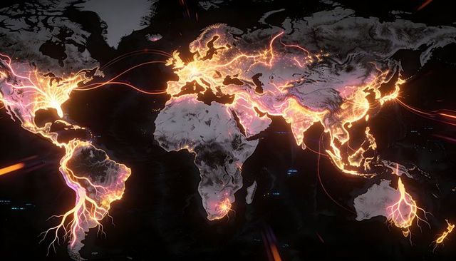 Global Network Map Glowing Neon Tracing Hubs Connecting Continents and Data Routes
