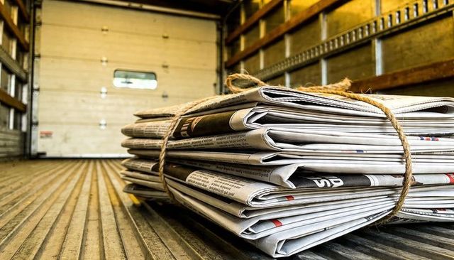 Bundled newspapers on ribbed truck floor tied with twine in cargo trailer with roll-up door