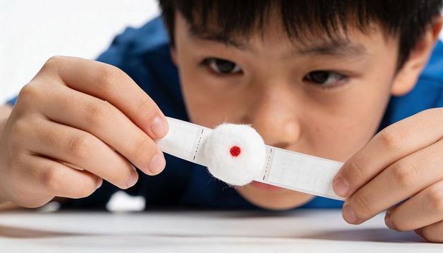 Curious child holding adhesive bandage with cotton pad showing small blood spot closeup