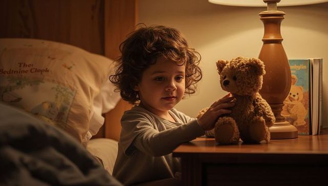 Preschool girl stroking teddy bear on wooden nightstand under warm bedside lamp at night