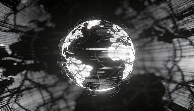 Monochrome holographic globe rotating with dotted grid and orbit rings for futuristic tech