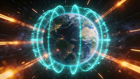 Neon network rings encircling glowing earth, global connectivity and futuristic space tech
