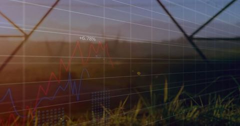 Data Analytics Overlay on Grass Field at Sunset