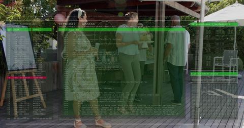 Backyard social gathering with friends chatting on wooden deck under pergola, terminal overlay