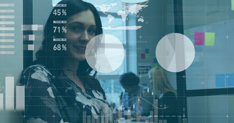 Business professionals collaborating in high-tech office with data overlay