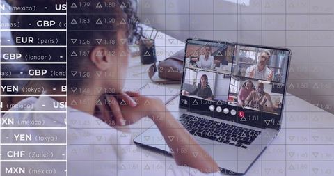Remote team video conference with forex market overlay viewed by woman wearing glasses