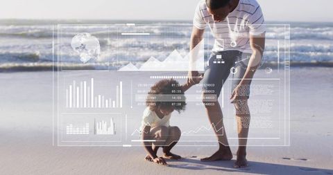 Father guiding child on beach with futuristic hud overlay, family learning connection