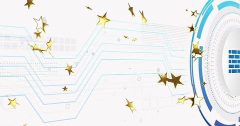 Right badge emerging with gold stars drifting over cyan hud lines, tech security emblem