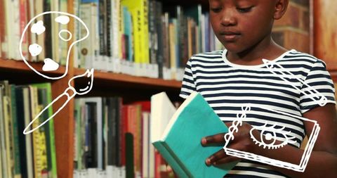 Young girl reading teal book in library with playful doodles suggesting creativity