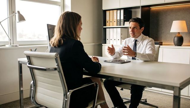 Male executive explaining strategy to female colleague during one-on-one office meeting