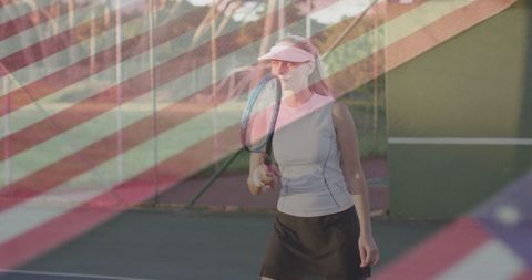 Female Tennis Player Ready to Compete With USA Theme Overlay