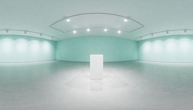 Displaying White Pedestal in Minimal Mint Gallery Under Soft Spotlights and Reflections