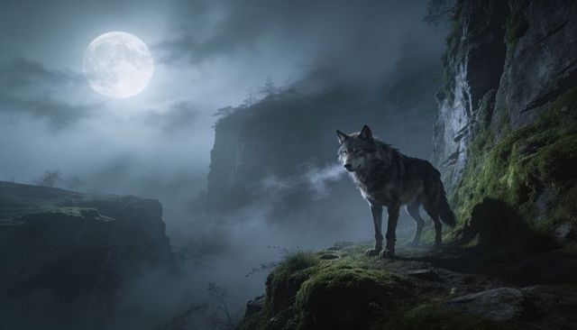 Lone gray wolf standing on mossy cliff watching fog-filled canyon under full moon