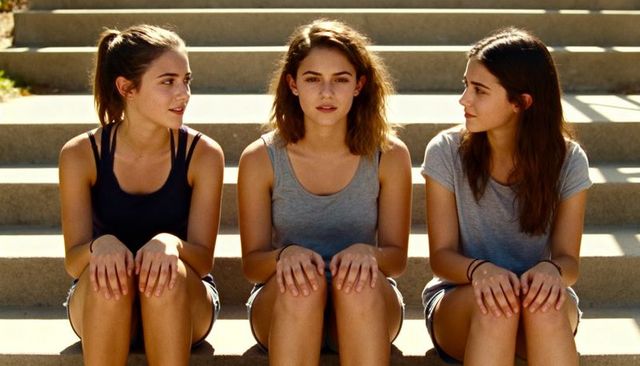 Three teen friends sitting on campus steps chatting in warm sunlight