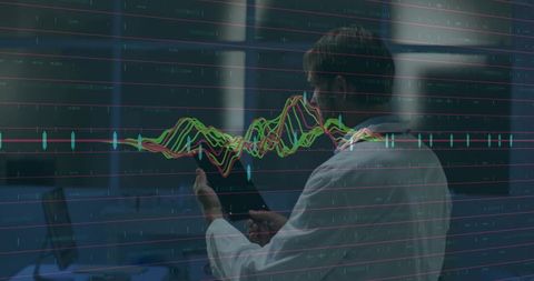 Scientist Analyzing Data with Digital Chart Overlay in Modern Laboratory