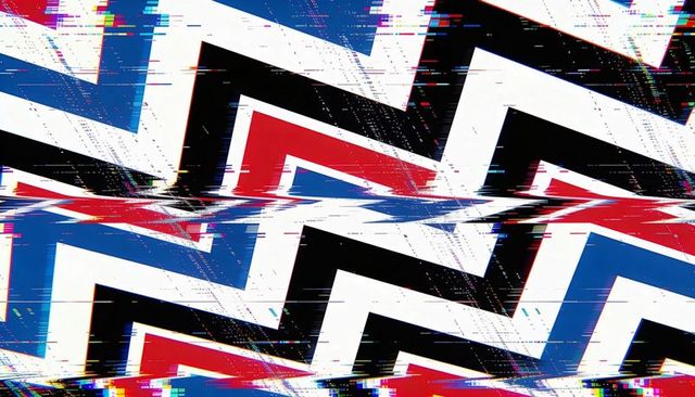 Glitched chevron zigzag pattern featuring red blue black colorblocks and pixel noise