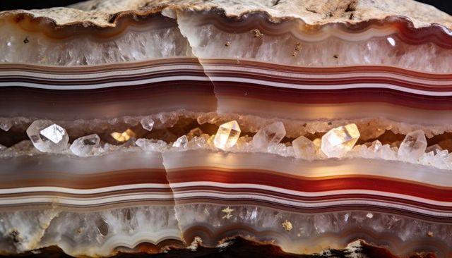 Banded agate cross section displaying central quartz crystal cluster with pyrite flecks