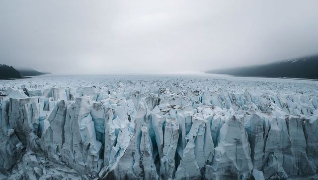 Fractured glacier icefall filling vast glacial valley, jagged seracs and deep crevasses