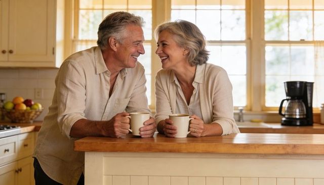 Senior couple leaning and smiling over morning coffee at sunlit kitchen island