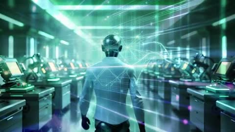 Futuristic Android Navigating High-Tech AI Laboratory