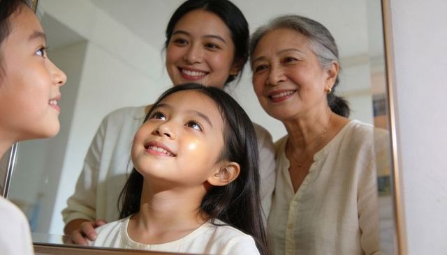 Multigenerational family bonding in mirror, young girl looking upward with glowing smile