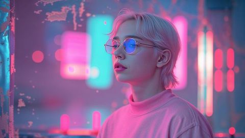 Trendy Woman in Neon-drenched Room with Futuristic Vibes