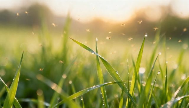 Shining grass blades catching warm dawn light, holding dew, drifting seed fluff