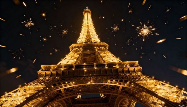 Golden eiffel tower illuminated at night with fireworks bursting above paris skyline