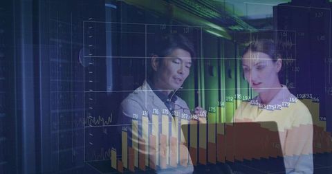 It professionals analyzing holographic data visualization in server room with tablet