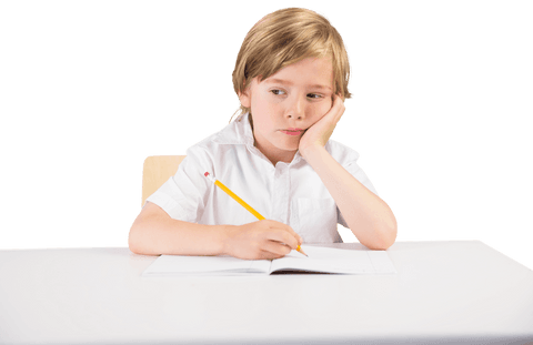 Transparent image of thoughtful schoolboy writing at desk