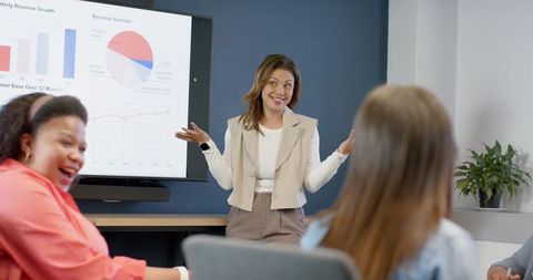 Indian Businesswoman Presenting Data and Charts to Diverse Female Team in Modern Boardroom