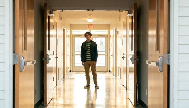 Teen standing in sunlit school hallway with backpack and reflective polished floor