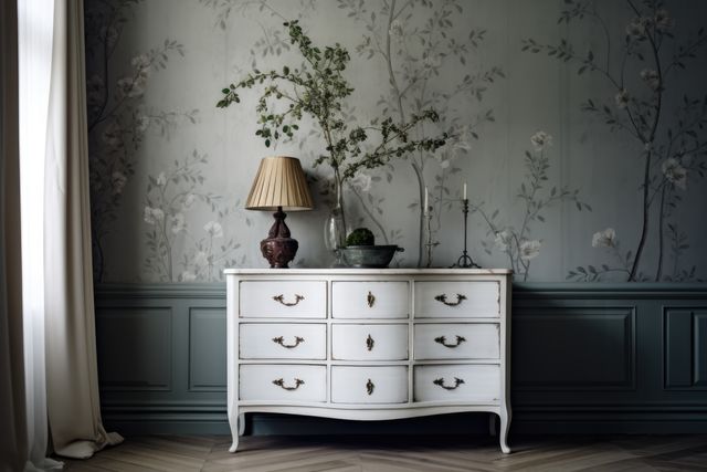 Elegant vintage white dresser against floral wallpaper in classic interior. Decorated with a table lamp and a vase with flowers, creating a stylish and sophisticated ambiance. Ideal for blogs or websites about interior design, classic decor ideas, or home furnishings.