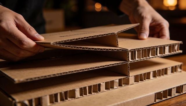 Hands arranging corrugated cardboard panels showing fluted honeycomb core and texture
