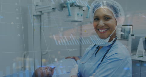 Smiling African American Doctor with Data Overlay in Hospital