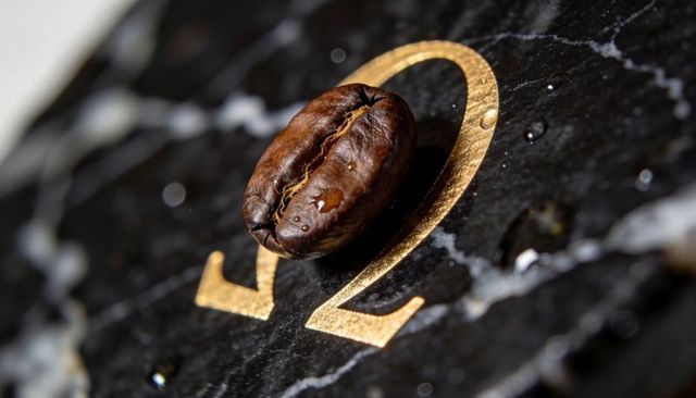 Single roasted coffee bean resting on gold omega symbol on black marble macro